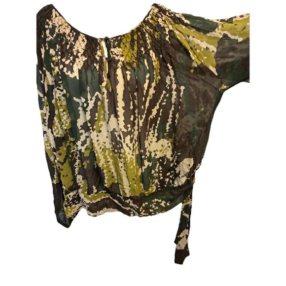 Michael Kors 100% Silk green camo print blouse 3X plus size ruched neckline Boho - Picture 9 of 16